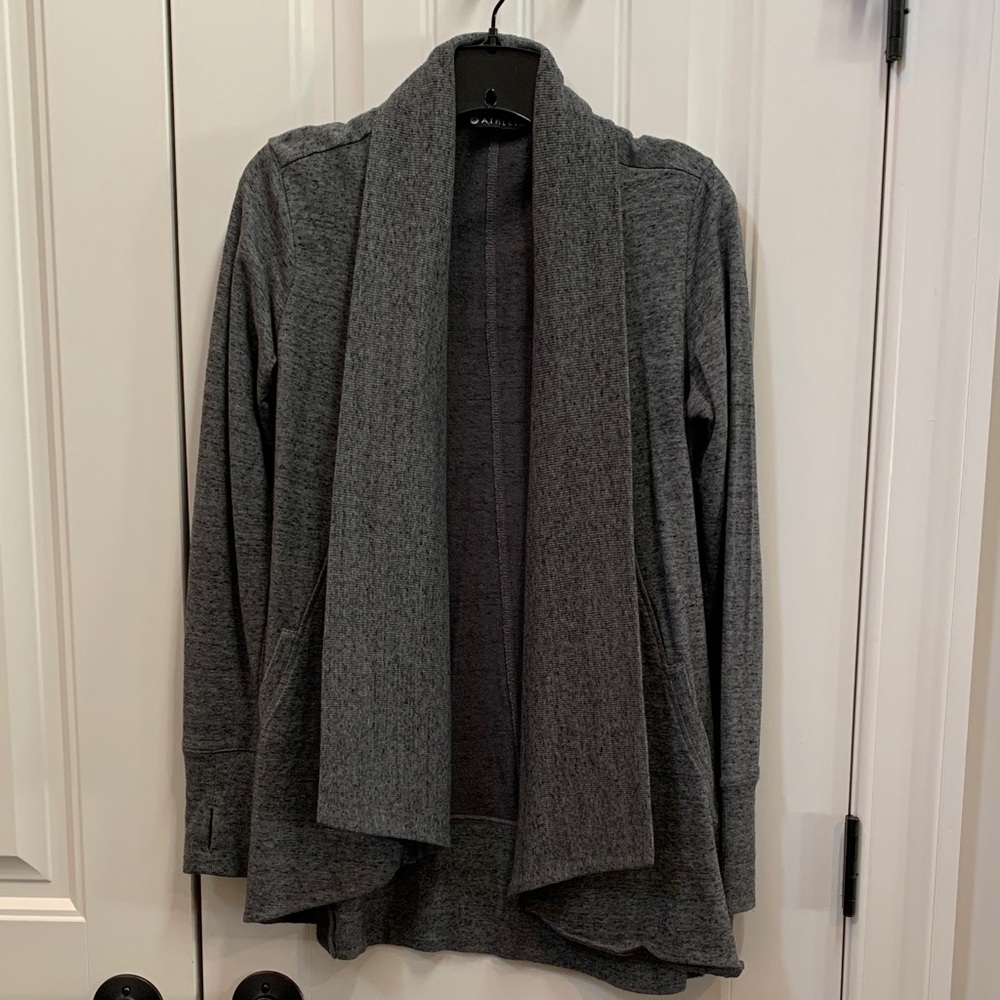 Athleta Pranayama Heather Charcoal Open-Front Waterfall Cardigan